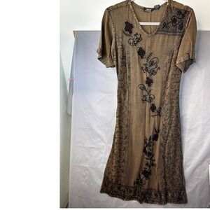 VTG MPH Brown Embroidered Midi Dress S Shimsigoth Boho Fairy Grunge Retro Indian